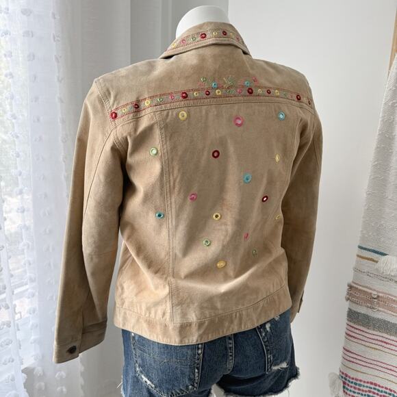 Chico’s Tan 100% Genuine Leather Embellished Embroidered Boho Jacket Women’s M - Picture 4 of 8